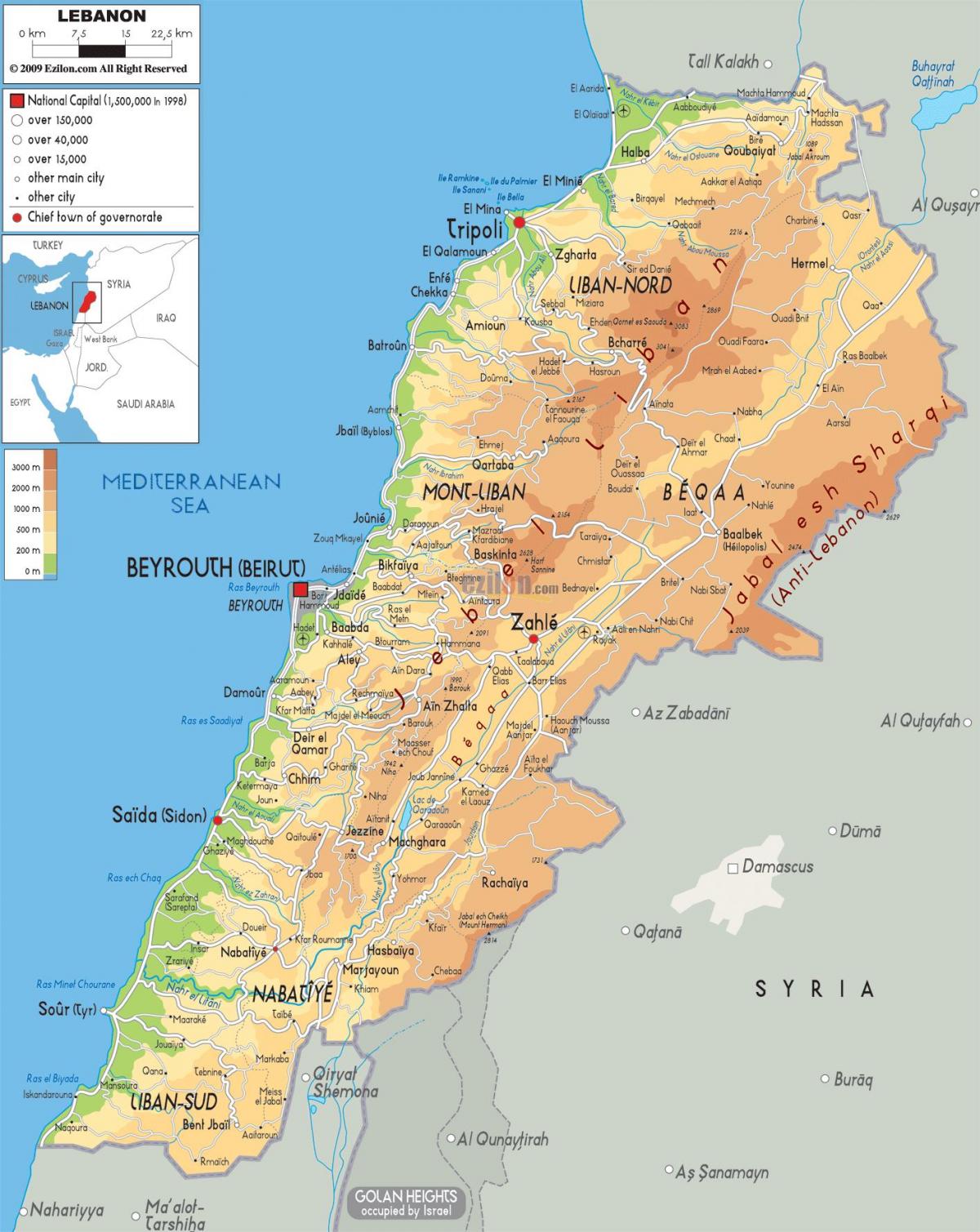 kartta Libanonin fyysinen